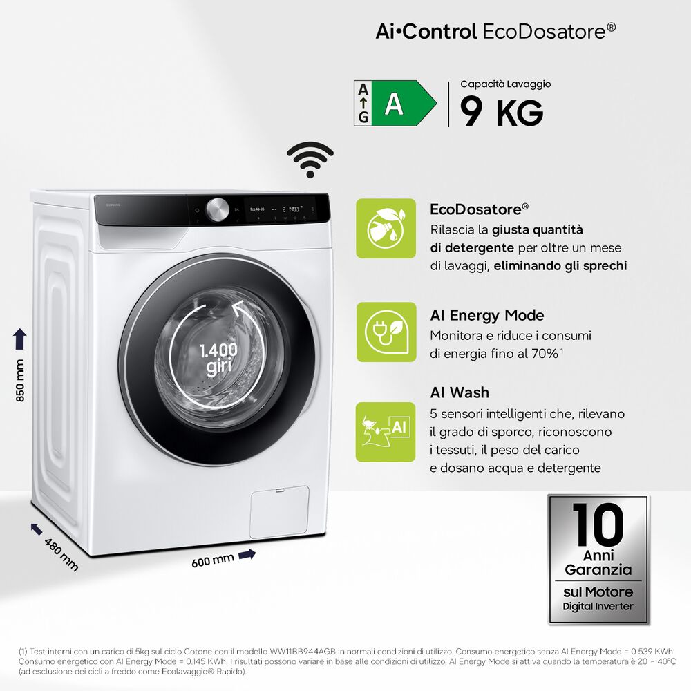 WW90DG6G94LKU3 LAVATRICE SLIM, Caricamento frontale, 9 kg, 25 programmi, Profondit&agrave; 48 cm, Giri 1400 rpm, Bianco, livello rumorosit&agrave; centrifuga 72 dB(A), Classe A, image number 1