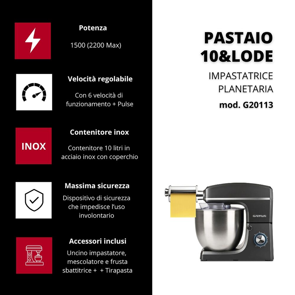  IMPASTATRICE PLANETARIA G3 FERRARI PASTAIO 10&LODE, capacit&agrave; della ciotola 10 l, 2200 W, Grigio Antracite, image number 7