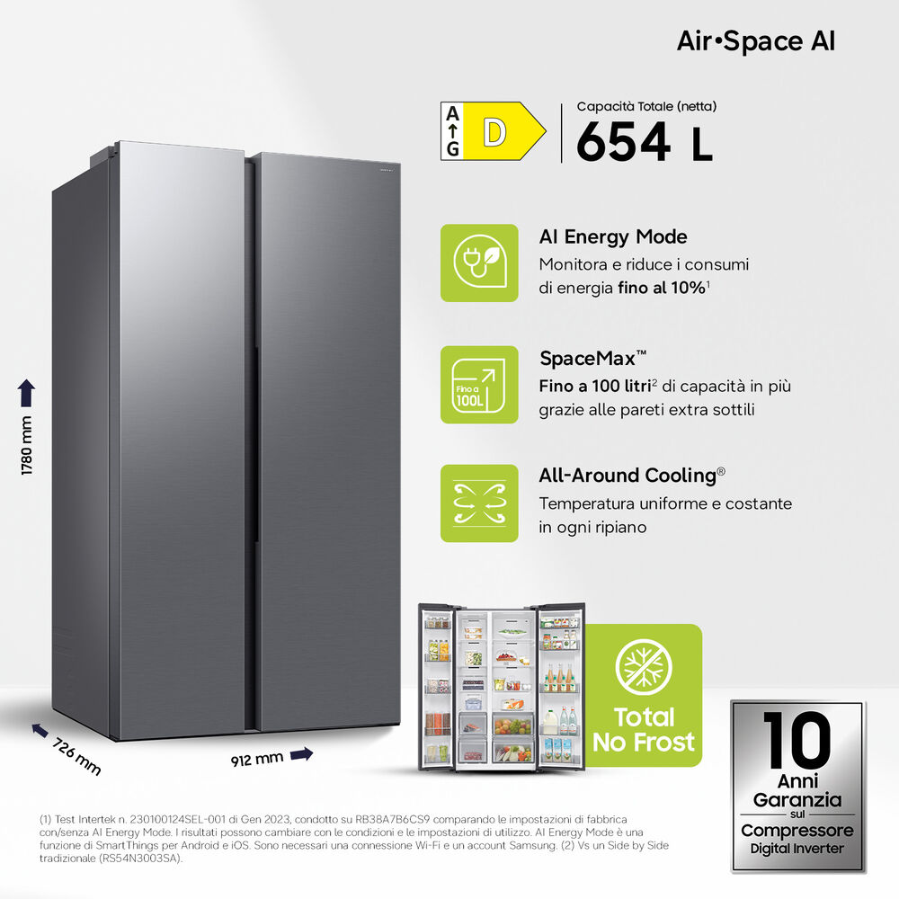 SAMSUNG RS70F65QDTEF, Sistema Multi Flow: No; Sistema raffreddamento frigorifero: No Frost; Sistema raffreddamento congelatore: No Frost, Capacit&agrave; netta totale 659 l, Rumorosit&agrave;: 36 dB(A), LAN wireless, Dimensioni: L 91,2 cm A 178,4 cm P 72,6 cm, Metal Look, Classe D - PRMG GRADING ROCN - 15%, image number 1