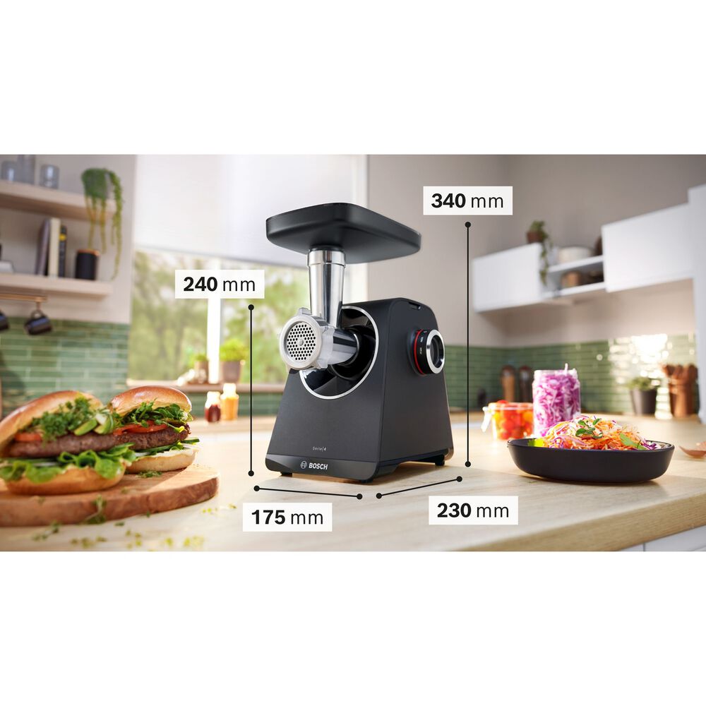 Tritacarne BOSCH MFWS450B, MultiPower, 1900 W, Esclusiva Manopola di Comando per Velocit&agrave;, Materiali di Lunga Durata, Cavi Riponibili nell'apposito Spazio, Tanti Accessori Inclusi tra cui Ciotola, Pestello, Spremiagrumi e Puntale per Insaccati, Nero - PRMG GRADING OOCN - 15%, image number 2
