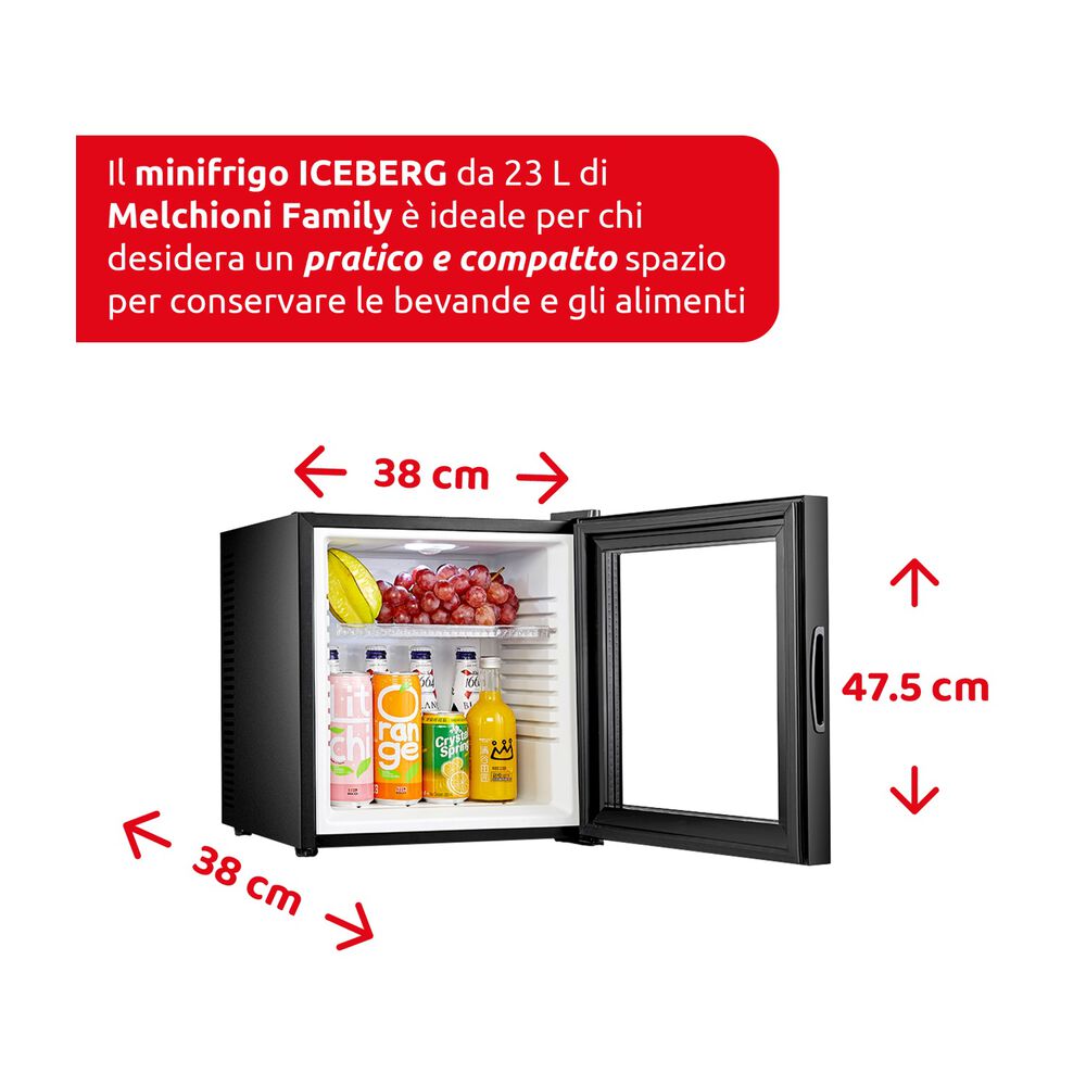 FRIGORIFERO DA TAVOLO MELCHIONI FAMILY ICEBERG GLASS , Capacit&agrave; netta totale 23 l, Rumorosit&agrave;: 20 dB(A), Dimensioni: L 38 cm A 47,5 cm P 38 cm, Nero, Classe E - PRMG GRADING ROCN - 14.99%, image number 2