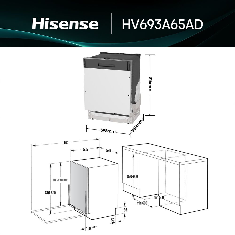 LAVASTOVIGLIE INCASSO Incasso built-in (BI) HISENSE HV693A65AD, Programmi 7, Dimensioni: L 59,5 cm, A 81,6 cm, P 55,5 cm, Rumorosit&agrave; 41 dB(A), Consumo di acqua 9,5 l, Bianco, Classe A  - PRMG GRADING ROAN - 5%, image number 1
