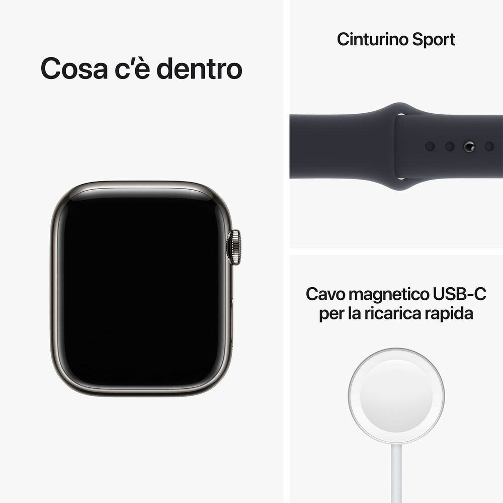 Watch Series 8 GPS + Cellular 45mm Cassa in acciaio inossidabile color grafite con Cinturino Sport Mezzanotte - regular, image number 6