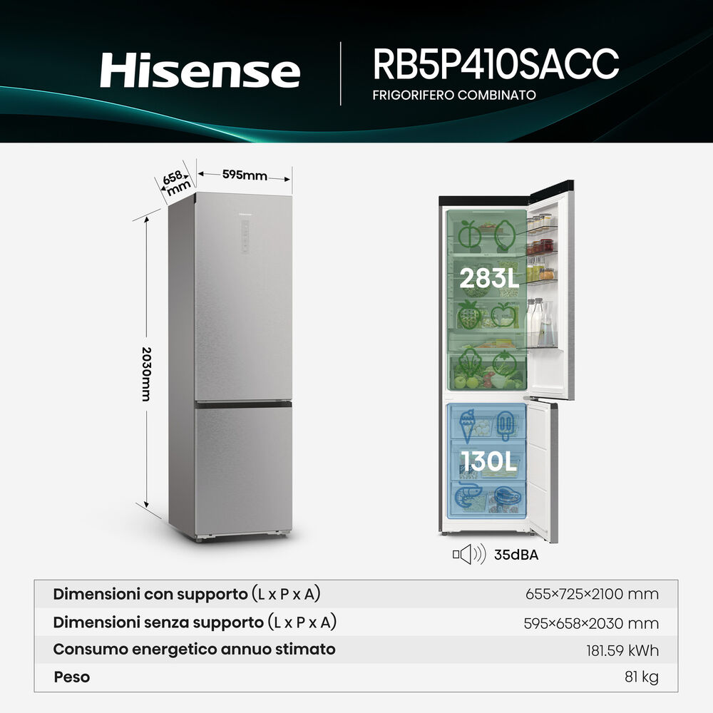 FRIGORIFERO COMBINATO HISENSE RB5P410SACC, Capacit&agrave; netta totale 383 l, Rumorosit&agrave;: 34 dB(A), LAN wireless, 4 ripiani, Dimensioni: L 59,5 cm A 203 cm P 65,8 cm, Inox, Classe C - PRMG GRADING ROBN - 10%, image number 1
