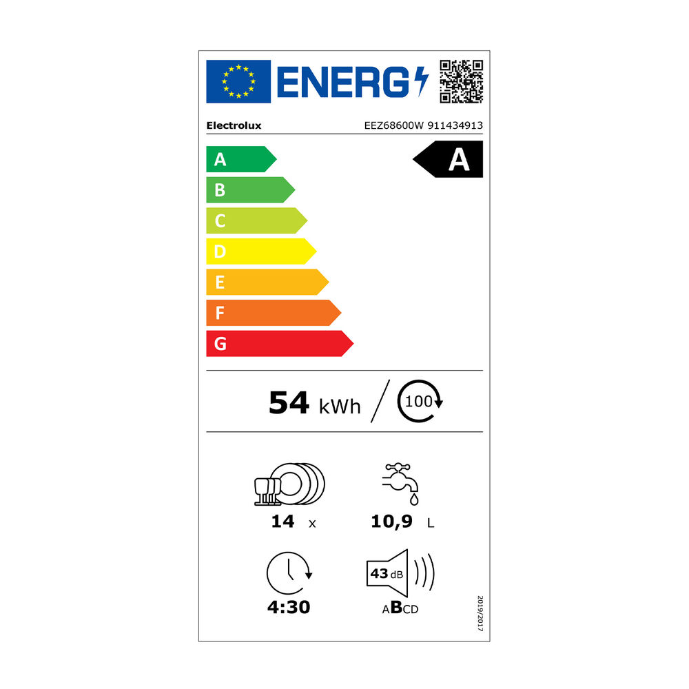 LAVASTOVIGLIE INCASSO Pannello frontale non in dotazione ELECTROLUX EEZ68600W, Programmi 8, Dimensioni: L 59,6 cm, A 81,8 cm, P 56 cm, Rumorosit&agrave; 43 dB(A), Consumo di acqua 10,9 l, Bianco, Classe A - PRMG GRADING ROBN - 10%, image number 15