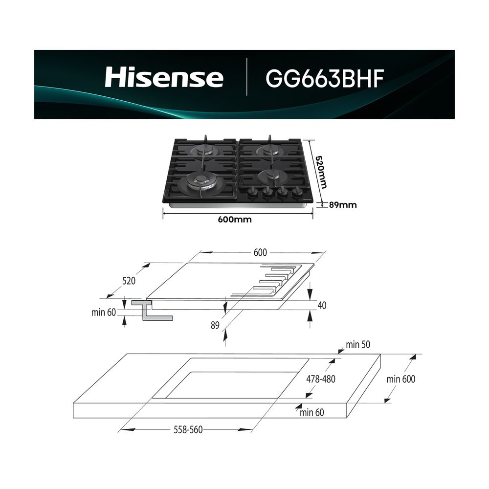HISENSE GG663BHF PIANO COTTURA GAS, 4 zone di cottura, dimensioni: L 60 cm, P 52 cm, Vetro Nero - PRMG GRADING ROCN - 15%, image number 1