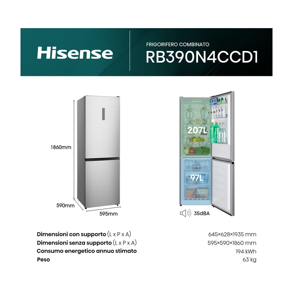 FRIGORIFERO COMBINATO RB390N4CCD1, Capacit&agrave; netta totale 304 l, Rumorosit&agrave;: 36 dB(A), 4 ripiani, Dimensioni: L 59,5 cm A 186 cm P 59 cm, Inox, Classe D - PRMG GRADING ROBN - 10%, image number 7