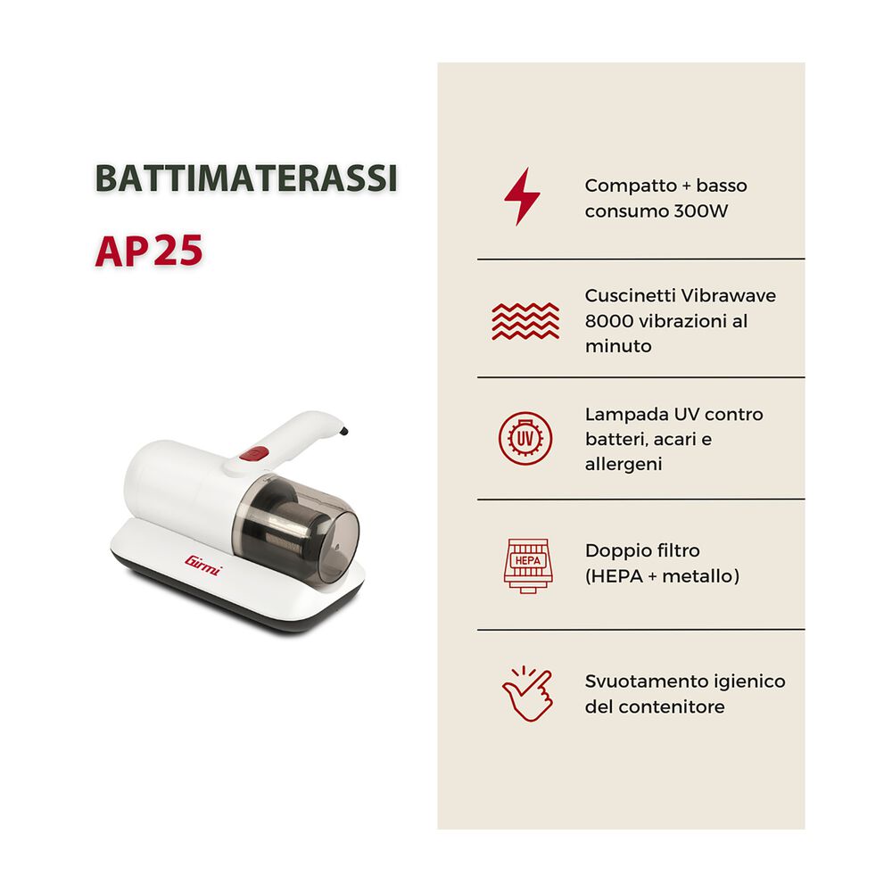 Battimaterasso Aspiratore antiacaro GIRMI AP25, 300 W, Aspirazione 12.000 Pa, Luce UV, Filtro HEPA, rimuove batteri, allergeni e polvere - PRMG GRADING OOCN - 15%, image number 3