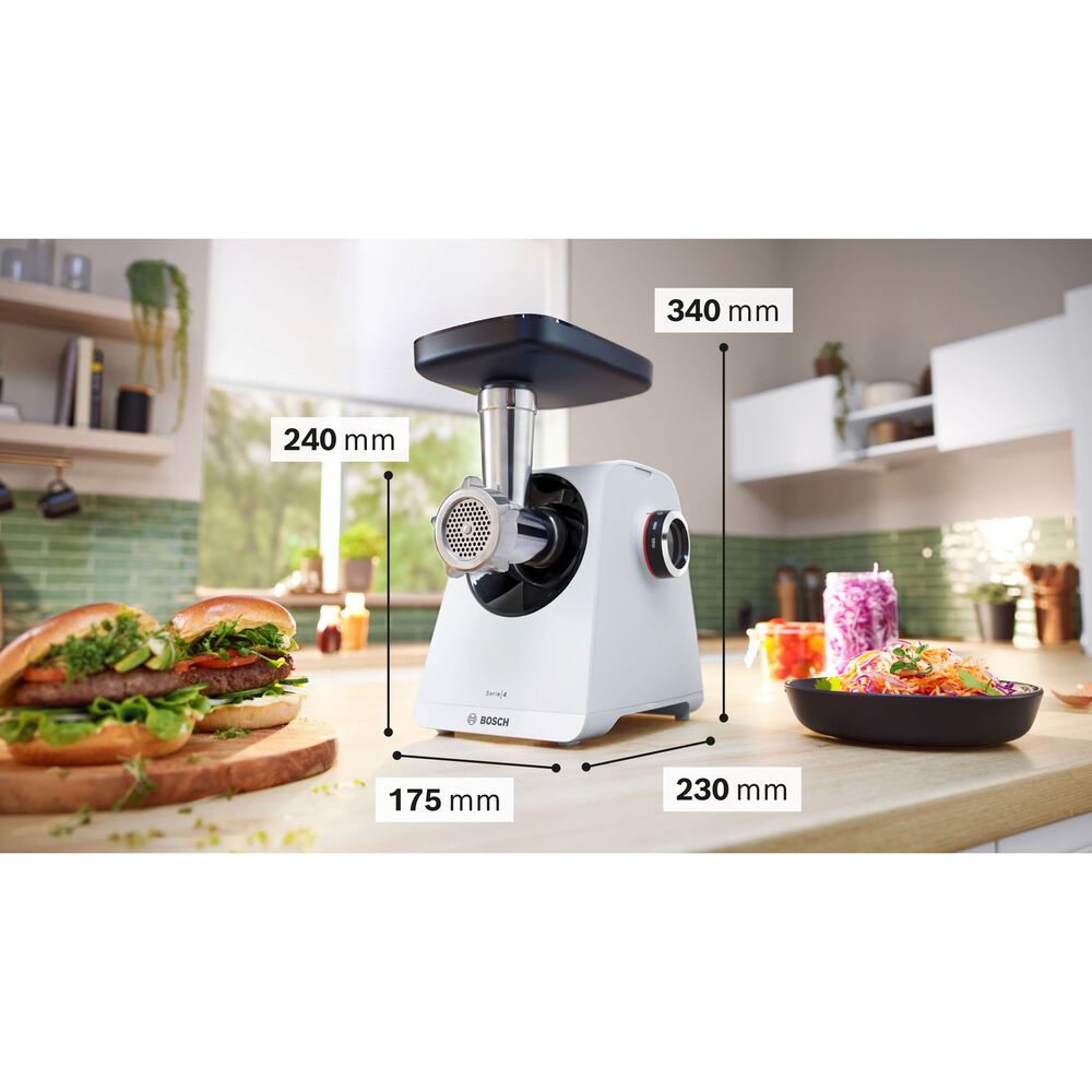 Tritacarne BOSCH MFWS420W MultiPower, 1900 W, Esclusiva Manopola di Comando per Velocit&agrave;, Ciotola, Pestello e Puntale per insaccati Inclusi, Bianco - PRMG GRADING OOBN - 10%, image number 9