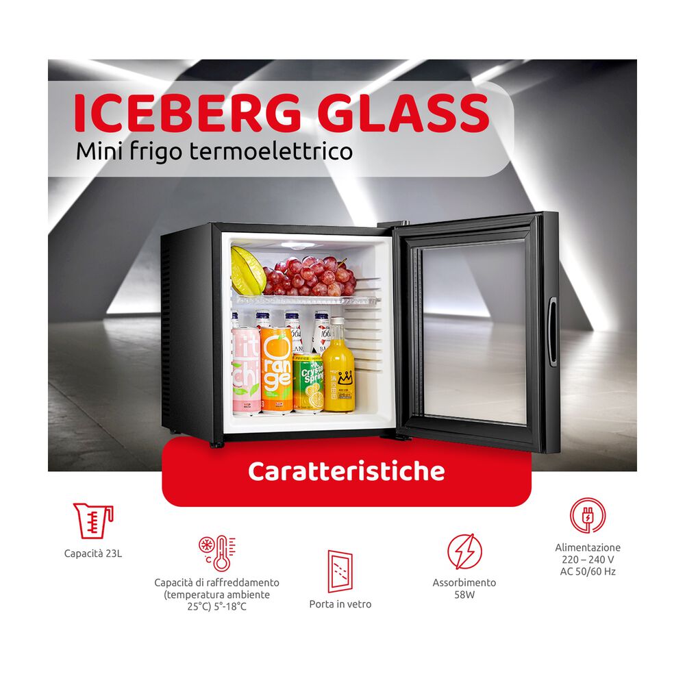 FRIGORIFERO DA TAVOLO MELCHIONI FAMILY ICEBERG GLASS , Capacit&agrave; netta totale 23 l, Rumorosit&agrave;: 20 dB(A), Dimensioni: L 38 cm A 47,5 cm P 38 cm, Nero, Classe E - PRMG GRADING ROCN - 14.99%, image number 1