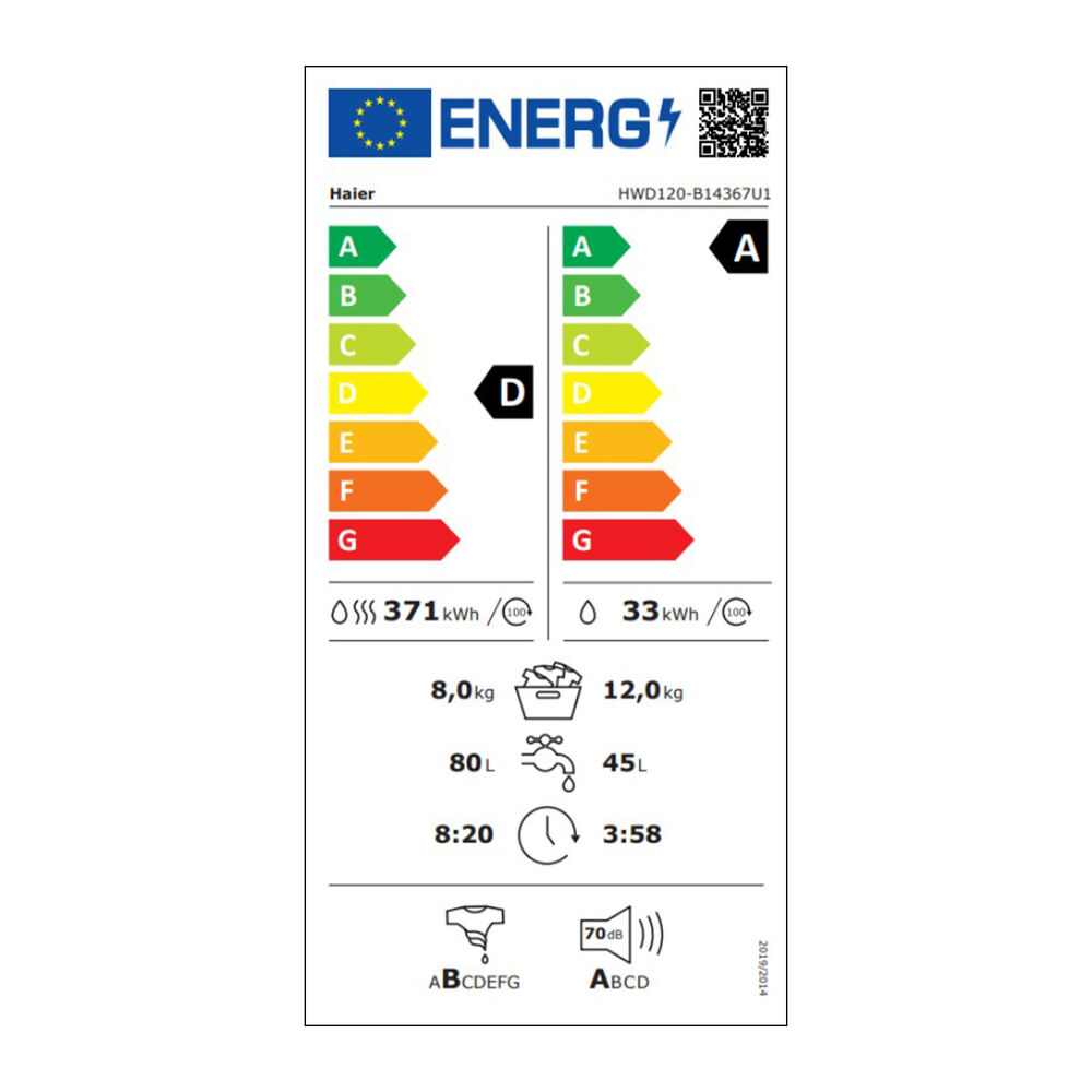 HAIER HWD120-B14367UIT LAVASCIUGA, Caricamento frontale, capacit&agrave; lavaggio 12 kg, capacit&agrave; asciugatura 8 kg, 14 programmi, Profondit&agrave; 67 cm, Giri 1400 rpm, Bianco, Argento, Classe D, Abbonamento DAZN Full 6 mesi incluso - PRMG GRADING ROAN - 4.99%, image number 7