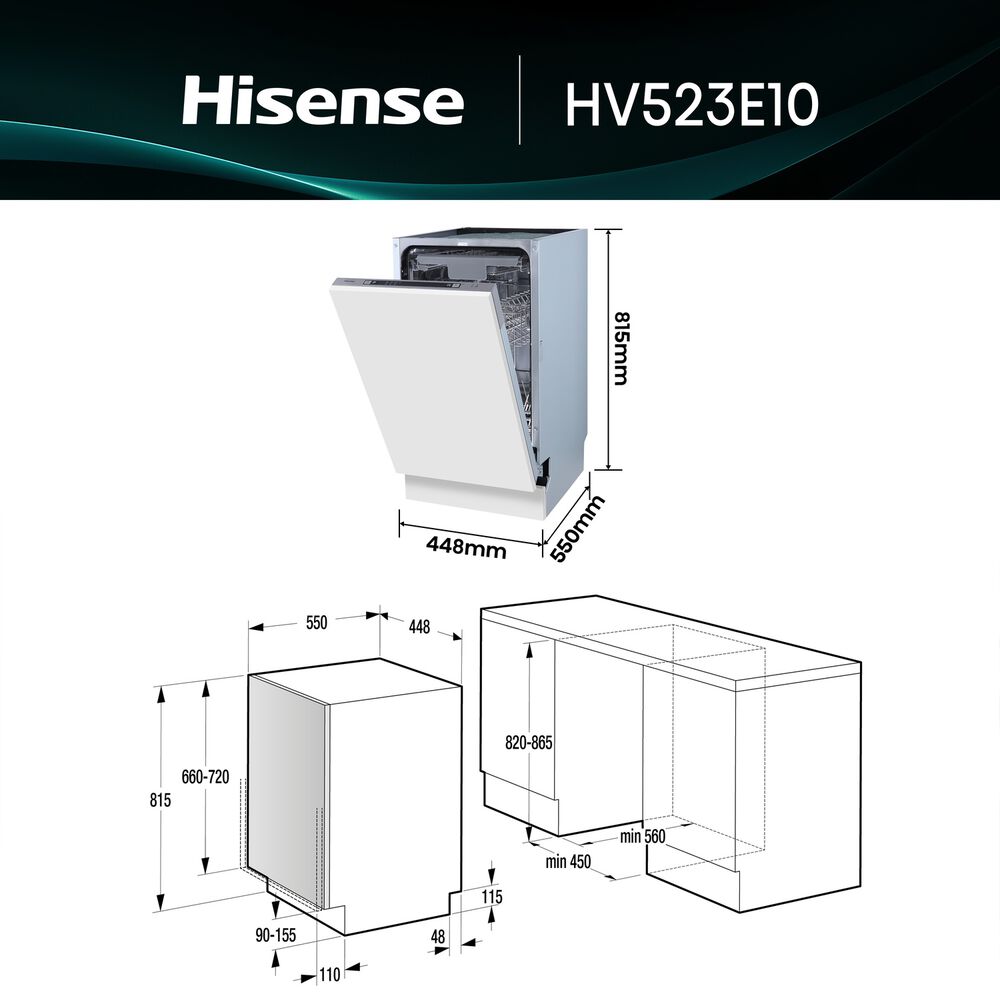 LAVASTOVIGLIE INCASSO Pannello frontale non in dotazione HISENSE HV523E10, Programmi 7, Dimensioni: L 55 cm, A 81,5 cm, P 44,8 cm, Rumorosit&agrave; 47 dB(A), Consumo di acqua 9 l, Bianco, Classe E - PRMG GRADING ROBN - 10%, image number 1