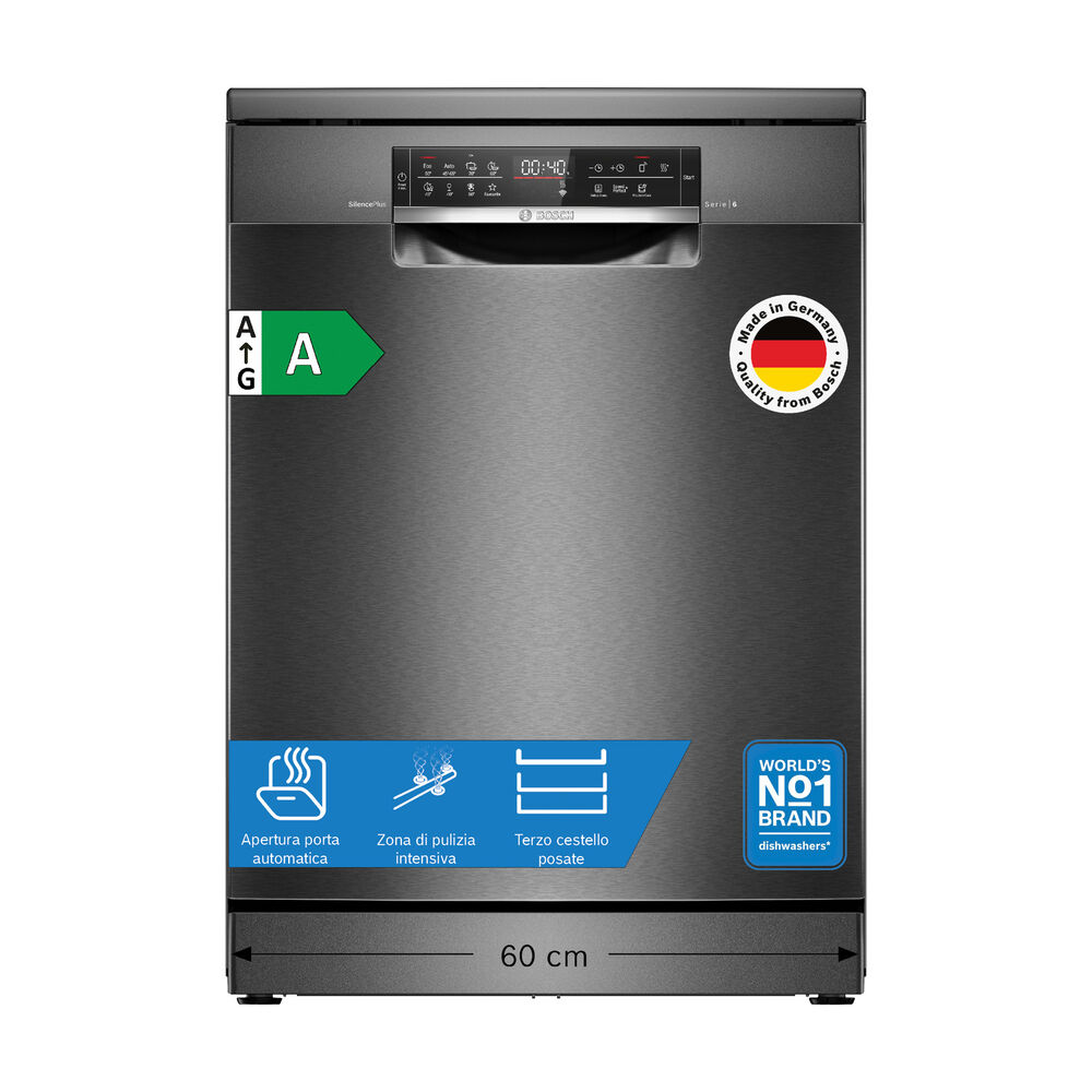 LAVASTOVIGLIE Libera installazione (FS) BOSCH SMS6ECC12E, Programmi 8, Dimensioni: L 60 cm, A 84,5 cm, P 60 cm, Rumorosit&agrave; 42 dB(A), Consumo di acqua 9 l, Acciaio nero anti-impronta, Classe A - PRMG GRADING ROBN - 10%, image number 0