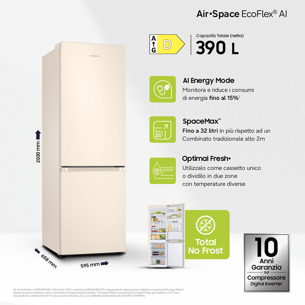 FRIGORIFERO COMBINATO RB38C603DEL/EF	, Capacit&agrave; netta totale 390 l, Rumorosit&agrave;: 35 dB(A), LAN wireless, 4 ripiani, Dimensioni: L 59,5 cm A 203 cm P 65,8 cm, Sabbia, Classe D - PRMG GRADING ROCN - 14.99%, image number 1