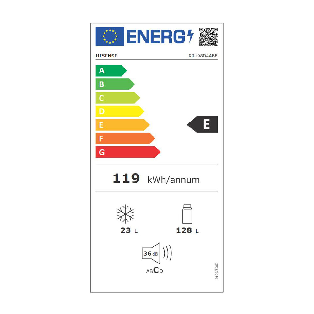 FRIGORIFERO DA TAVOLO HISENSE RR198D4ABE, Capacit&agrave; netta totale 151 l, Rumorosit&agrave;: 36 dB(A), Dimensioni: L 51,5 cm A 107,9 cm P 51,4 cm, Nero, Classe E - PRMG GRADING ROBN - 10%, image number 4