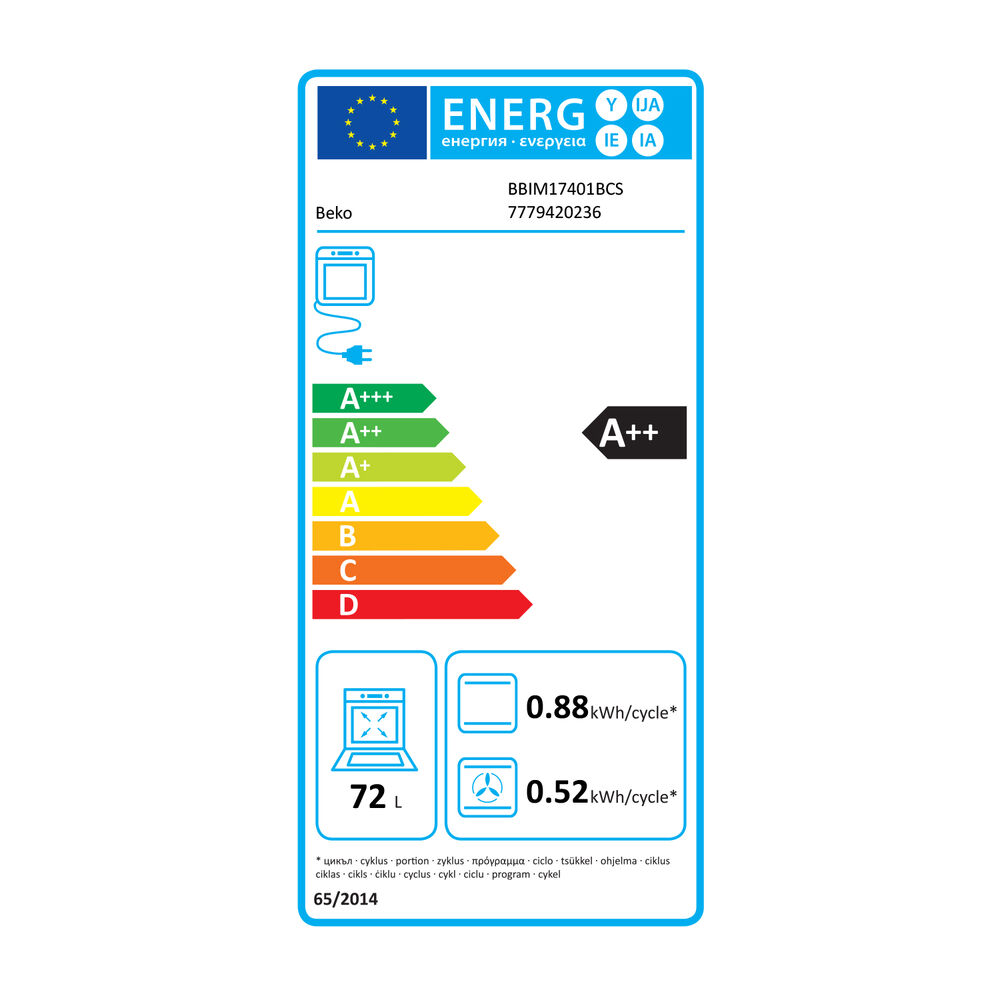BBIM17401BCS FORNO INCASSO Capacit&agrave; 72 l, dimensoni: L 59,4 cm-A 59,5 cm-P 54,7 cm, nero, classe A++ - PRMG GRADING ROBN - 10%, image number 3
