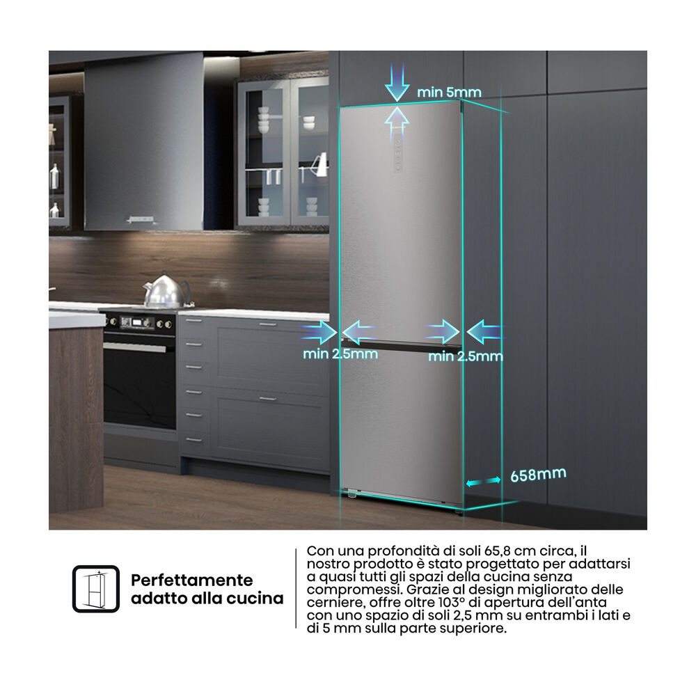 FRIGORIFERO COMBINATO HISENSE RB5P410SACC, Capacit&agrave; netta totale 383 l, Rumorosit&agrave;: 34 dB(A), LAN wireless, 4 ripiani, Dimensioni: L 59,5 cm A 203 cm P 65,8 cm, Inox, Classe C - PRMG GRADING ROBN - 10%, image number 4